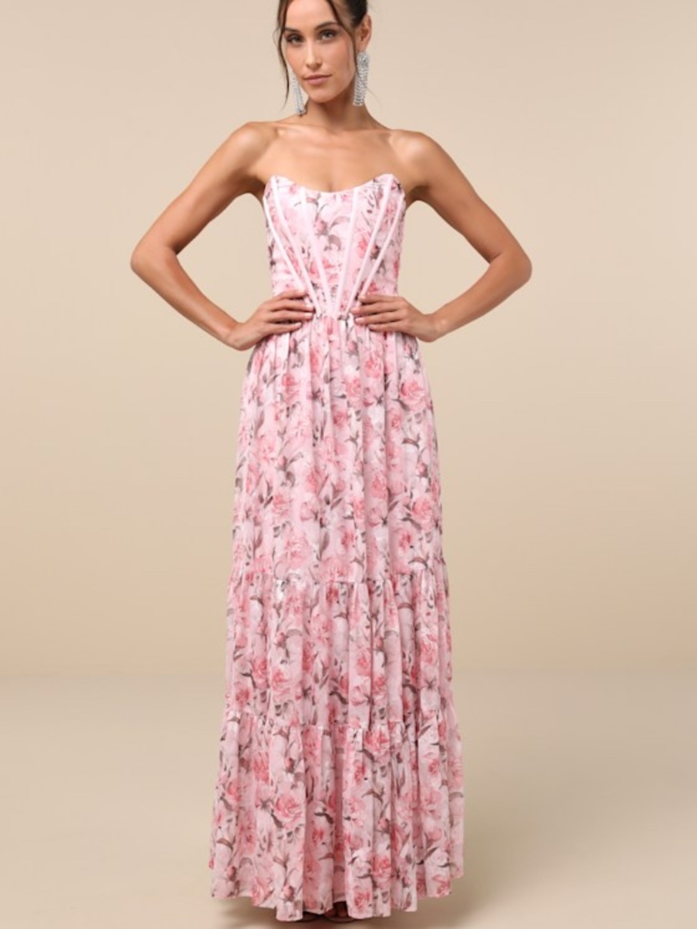 Lulus Special Moment Pink Floral Strapless Bustier Maxi Dress - Size M